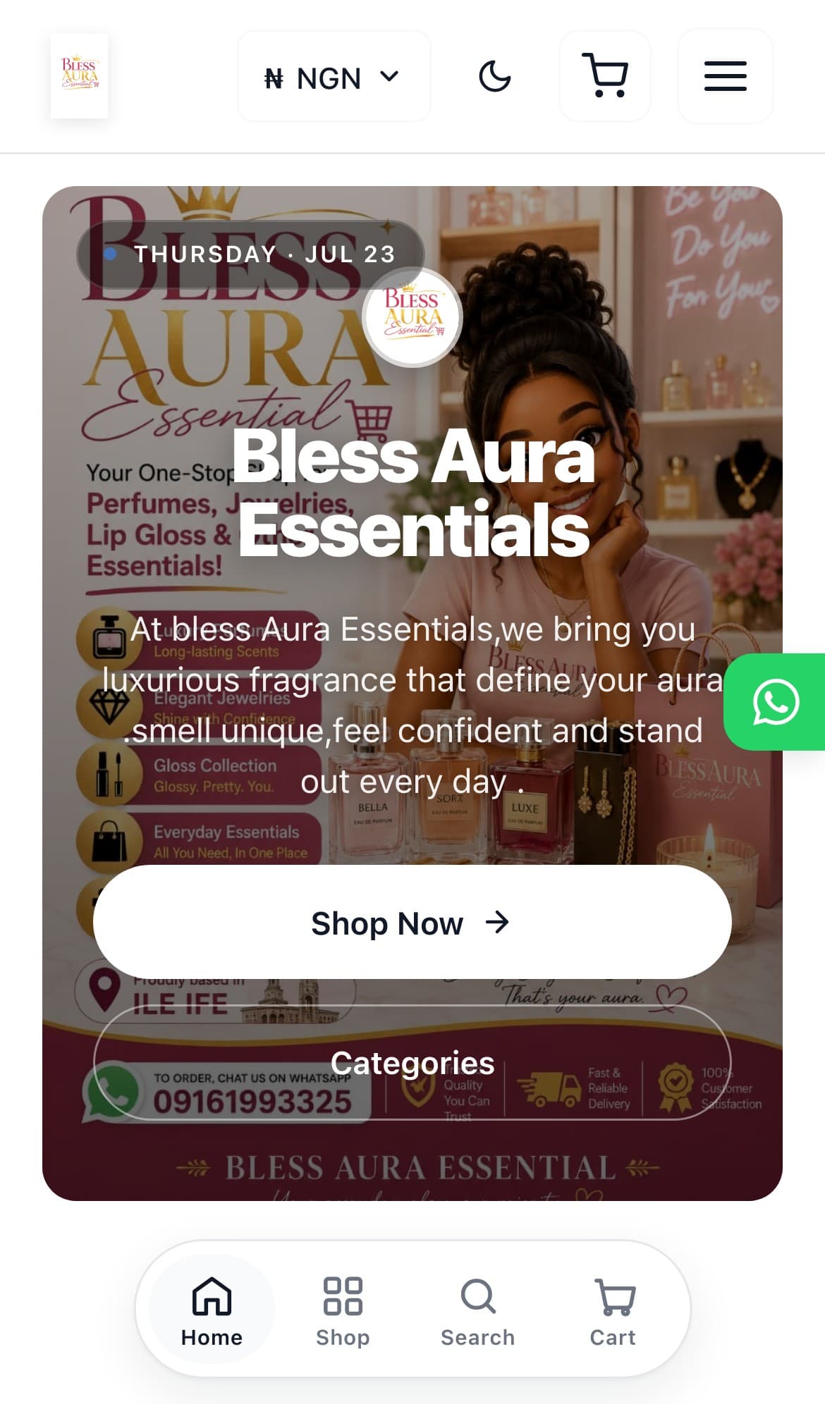 Bless Aura Essentials storefront on mobile