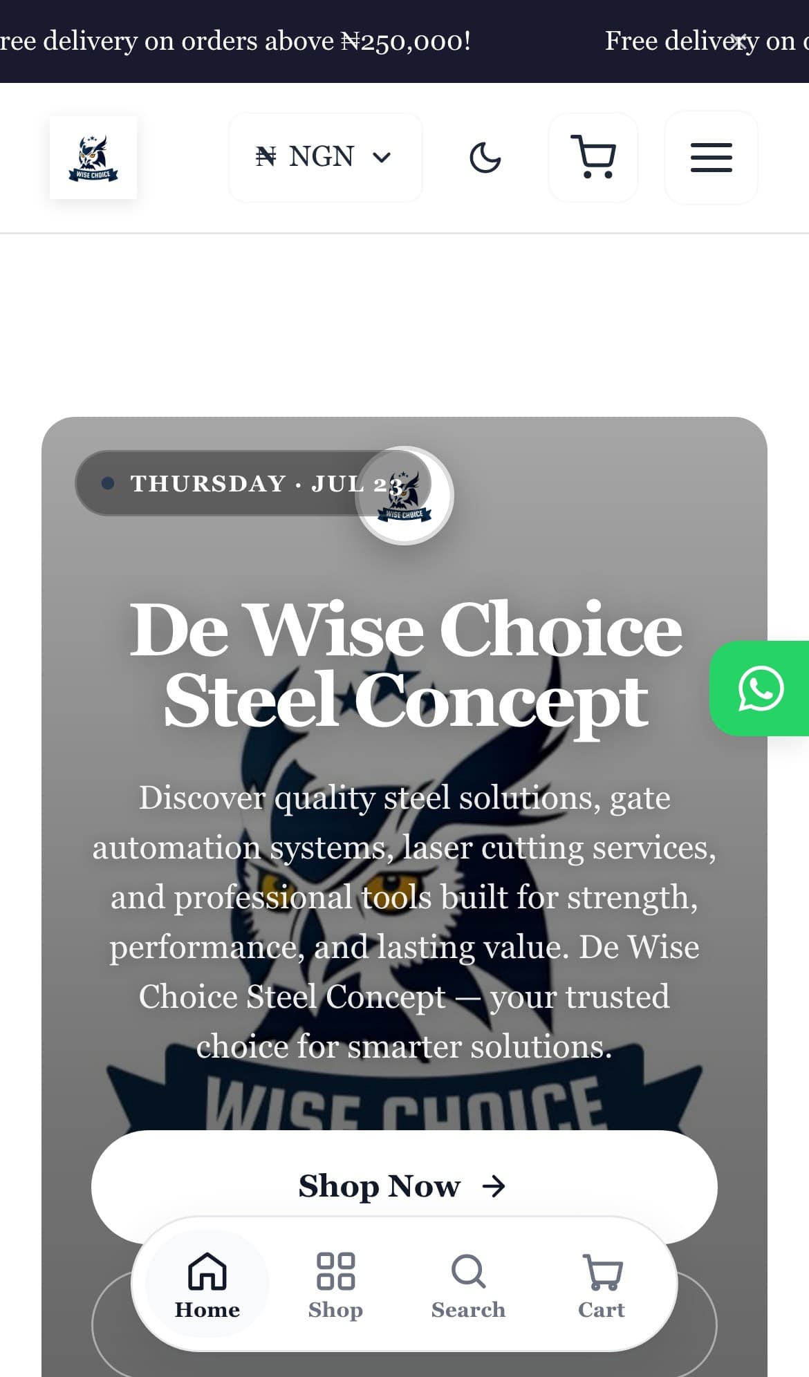 De Wise Choice Steel Concept storefront on mobile